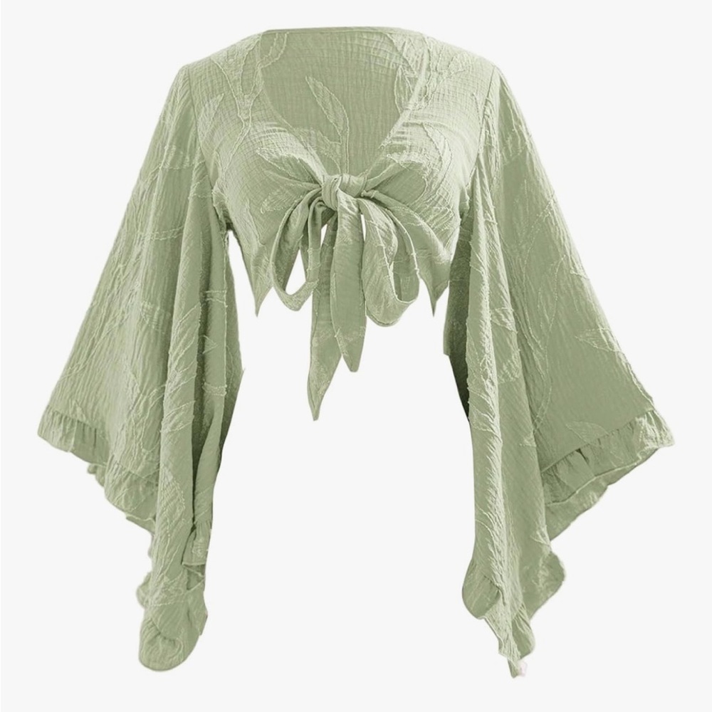 Green Tie-Front Bell Sleeve Top